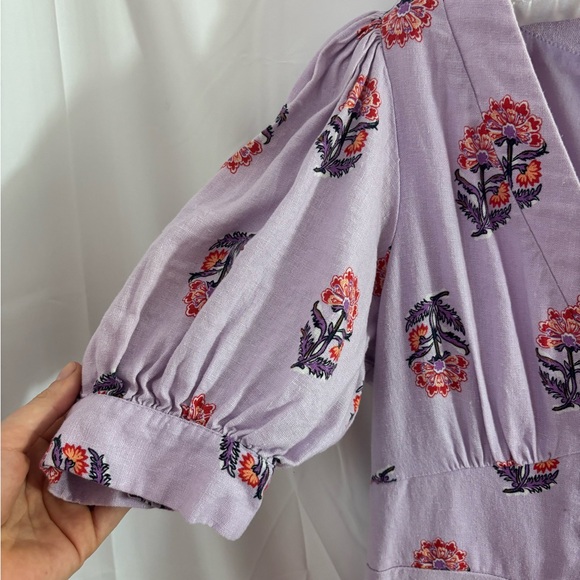 House of Harlow 1960 Puff Sleeve Linen Blend Lavender Floral Midi Dress Size 8 - Picture 10 of 13